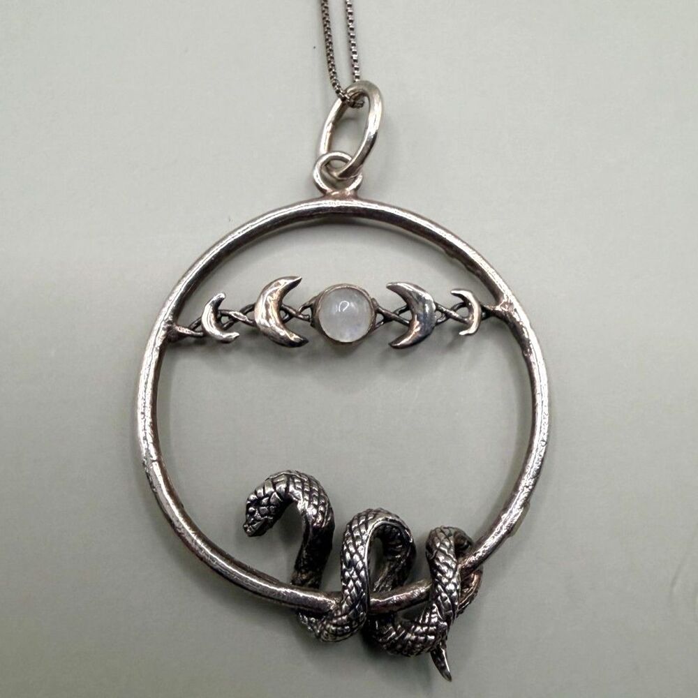 Sterling Silver Snake Moon Phase Necklace 925 Moonstone Pendant AS IS Repair